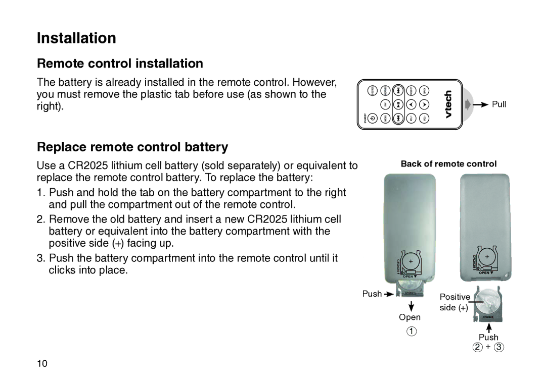 VTech IS9181 user manual Remote control installation, Replace remote control battery 