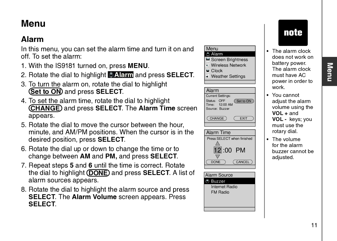 VTech IS9181 user manual Menu, Alarm, Set to on and press Select 