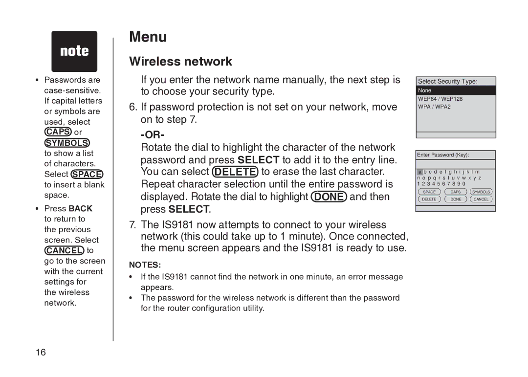 VTech IS9181 user manual Select Security Type 