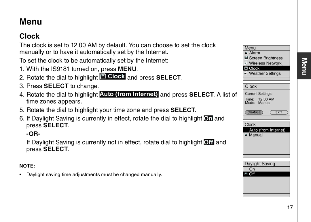 VTech IS9181 user manual Clock, Daylight saving time adjustments must be changed manually 