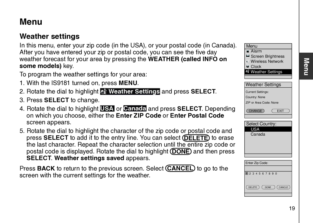 VTech IS9181 user manual Weather settings 