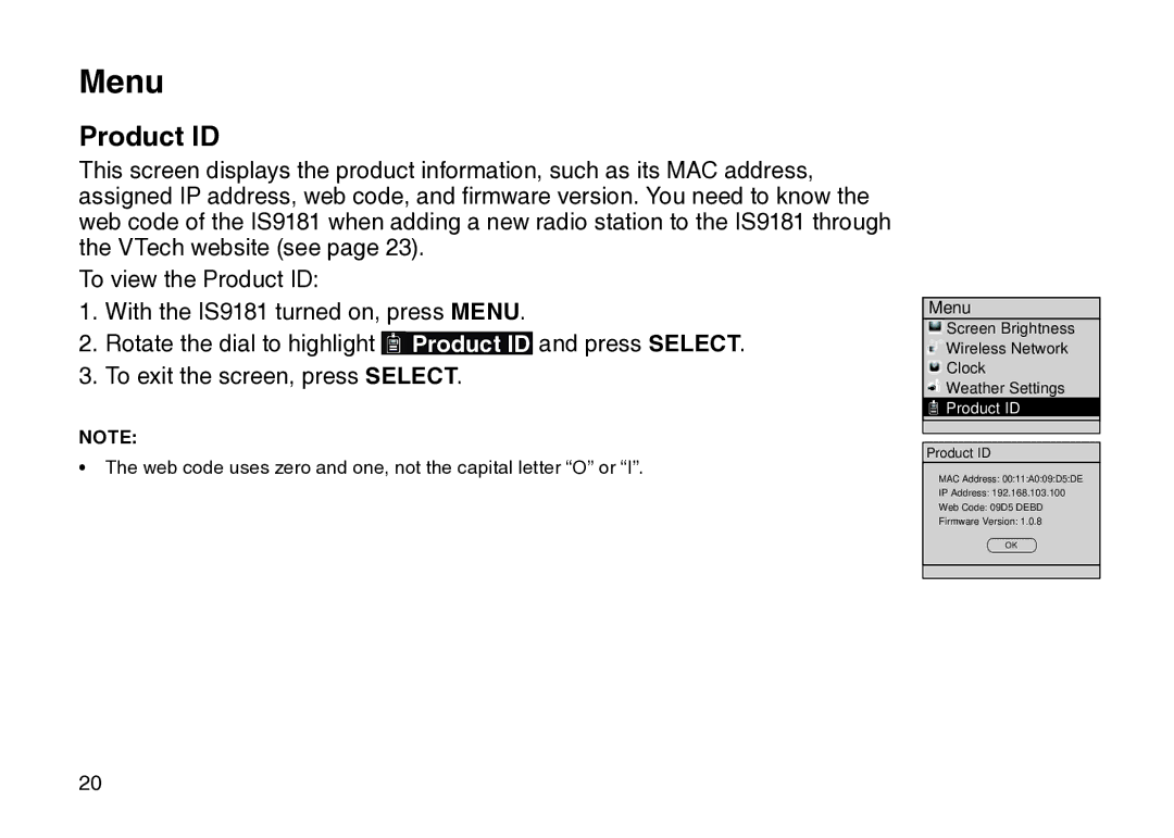 VTech IS9181 user manual Product ID, Web code uses zero and one, not the capital letter O or 