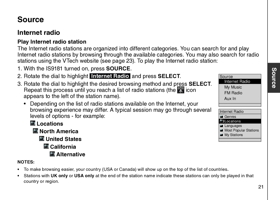 VTech IS9181 user manual Source, Play Internet radio station 