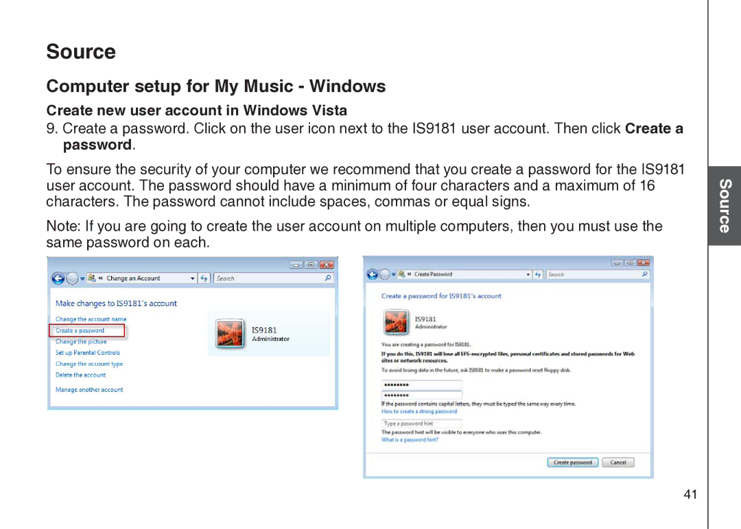 VTech IS9181 user manual Create new user account in Windows Vista 