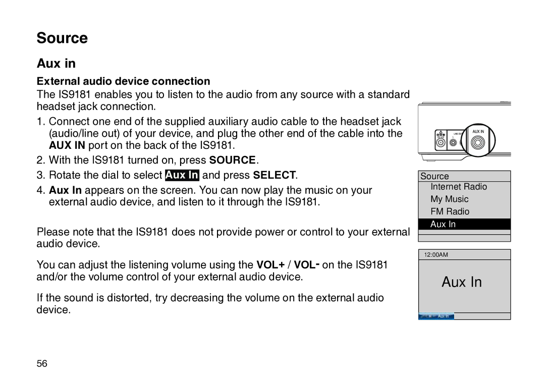 VTech IS9181 user manual Aux, External audio device connection 