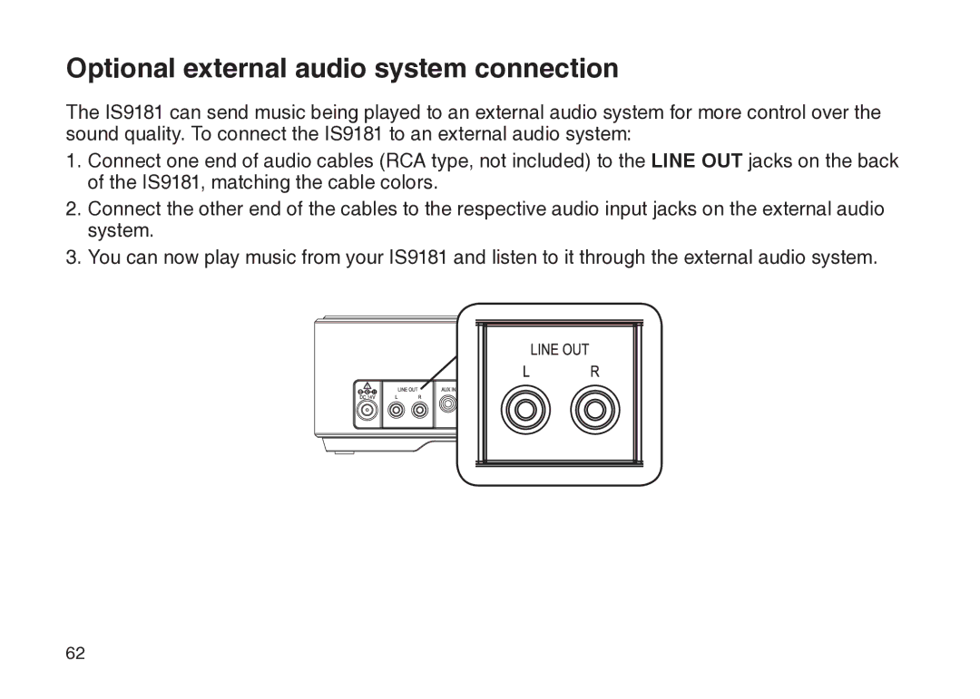 VTech IS9181 user manual Optional external audio system connection 