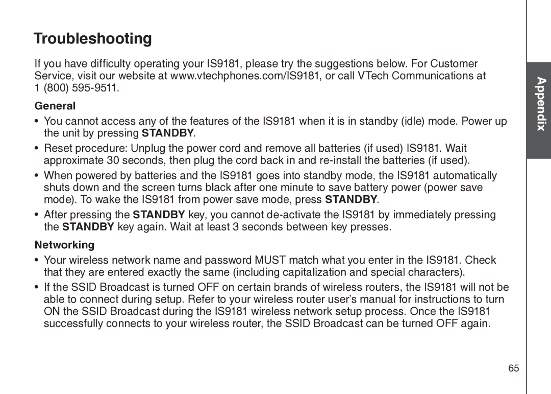 VTech IS9181 user manual Troubleshooting, General, Networking 