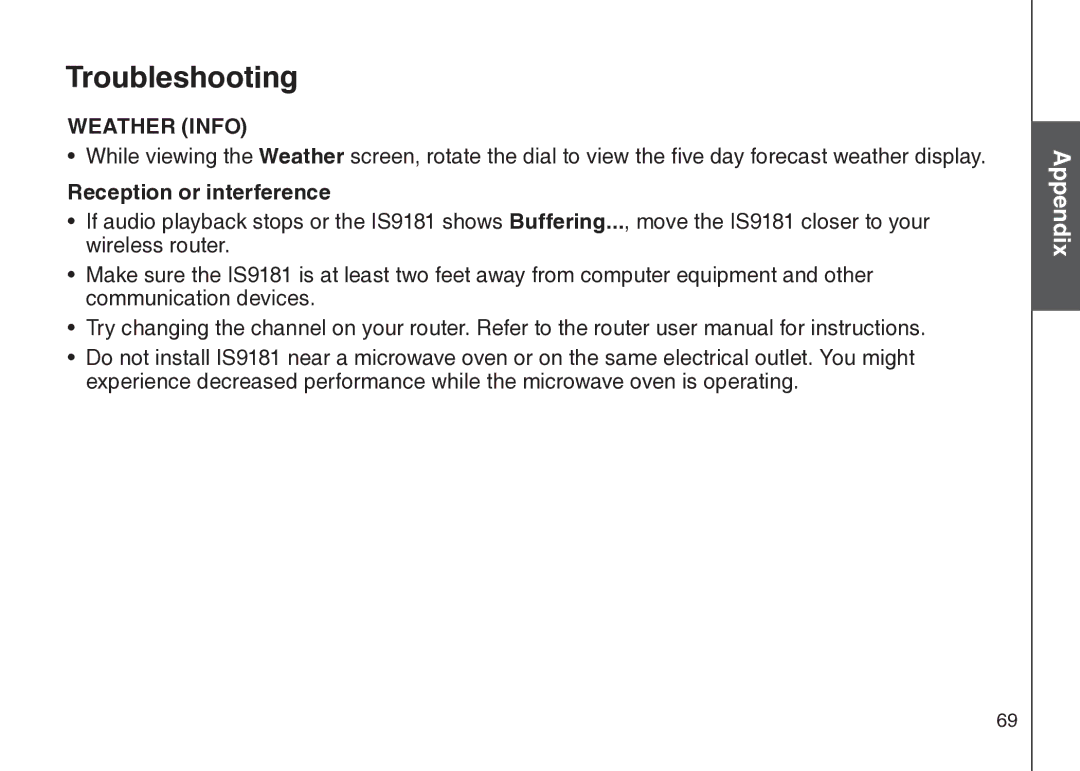 VTech IS9181 user manual Weather Info, Reception or interference 