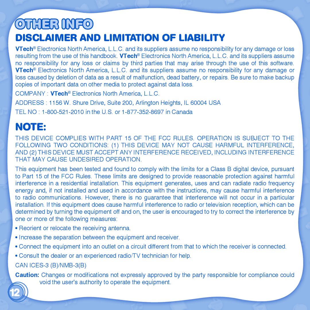 VTech learn to write with cody & cora innotab user manual Other Info, Disclaimer and Limitation of Liability 