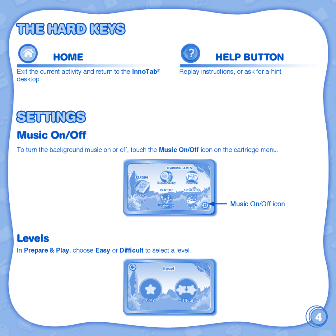 VTech learn to write with cody & cora innotab user manual Hard Keys, Settings, Music On/Off, Levels 