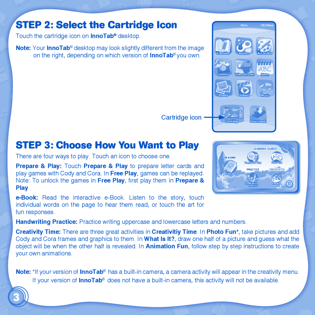 VTech learn to write with cody & cora innotab user manual Select the Cartridge Icon, Choose How You Want to Play 