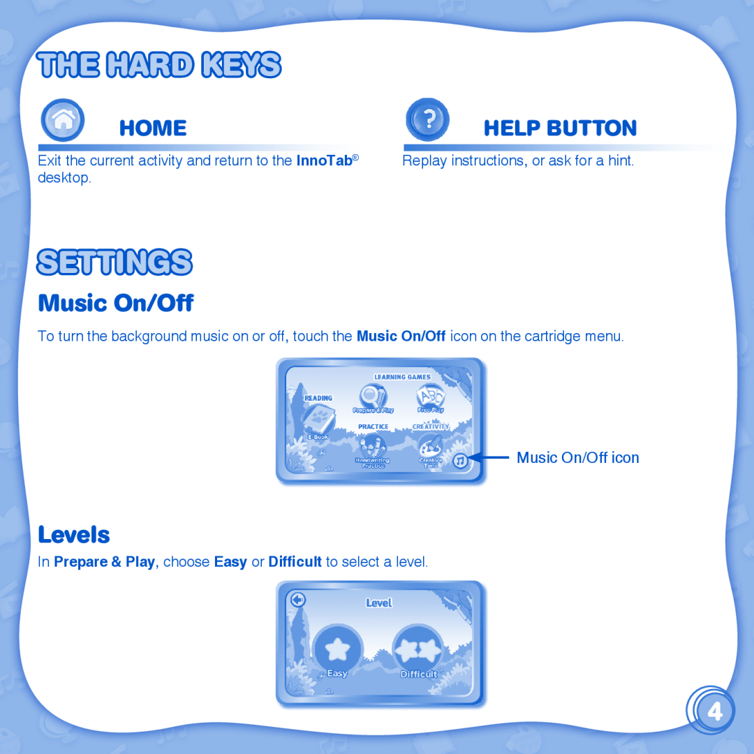 VTech learn to write with cody & cora innotab user manual The Hard Keys, Settings, Music On/Off, Levels, Home, Help Button 