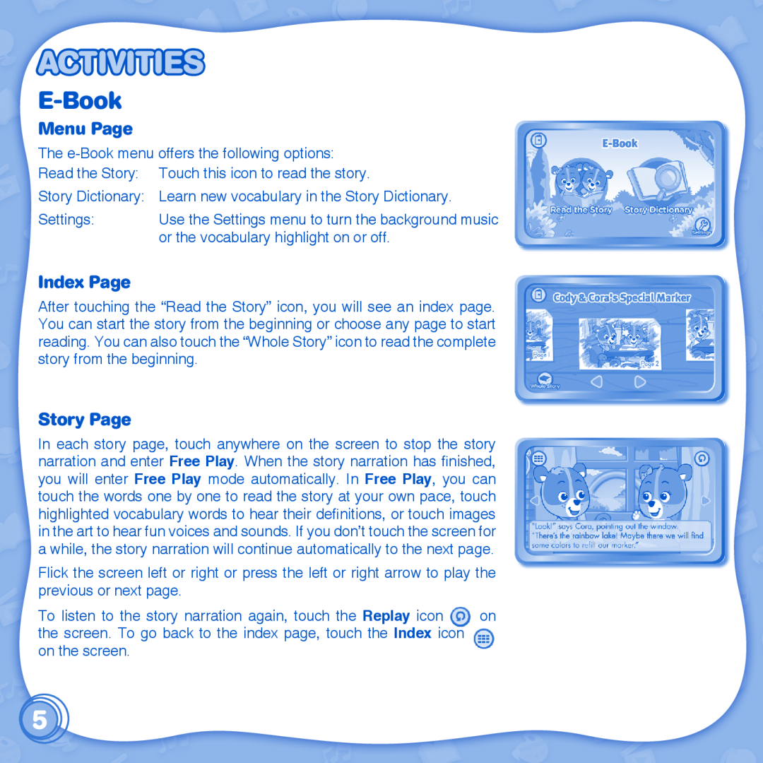VTech learn to write with cody & cora innotab user manual Activities, E-Book, Menu Page, Index Page, Story Page 