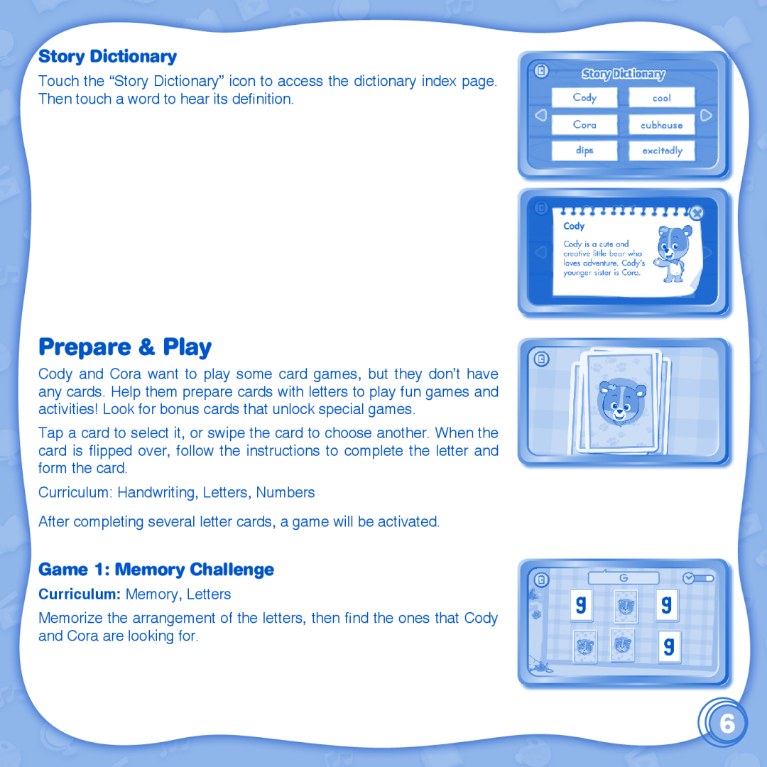VTech learn to write with cody & cora innotab user manual Prepare & Play, Story Dictionary, Game 1 Memory Challenge 