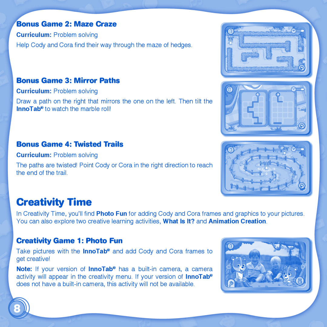 VTech learn to write with cody & cora innotab Creativity Time, Bonus Game 2 Maze Craze, Bonus Game 3 Mirror Paths 