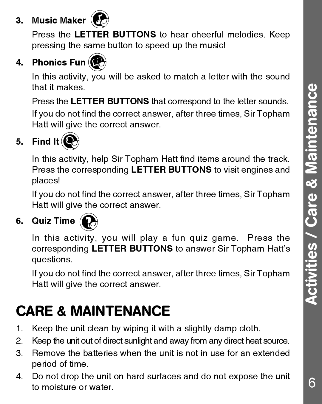 VTech Letter Engine user manual Activities / Care & Maintenance 