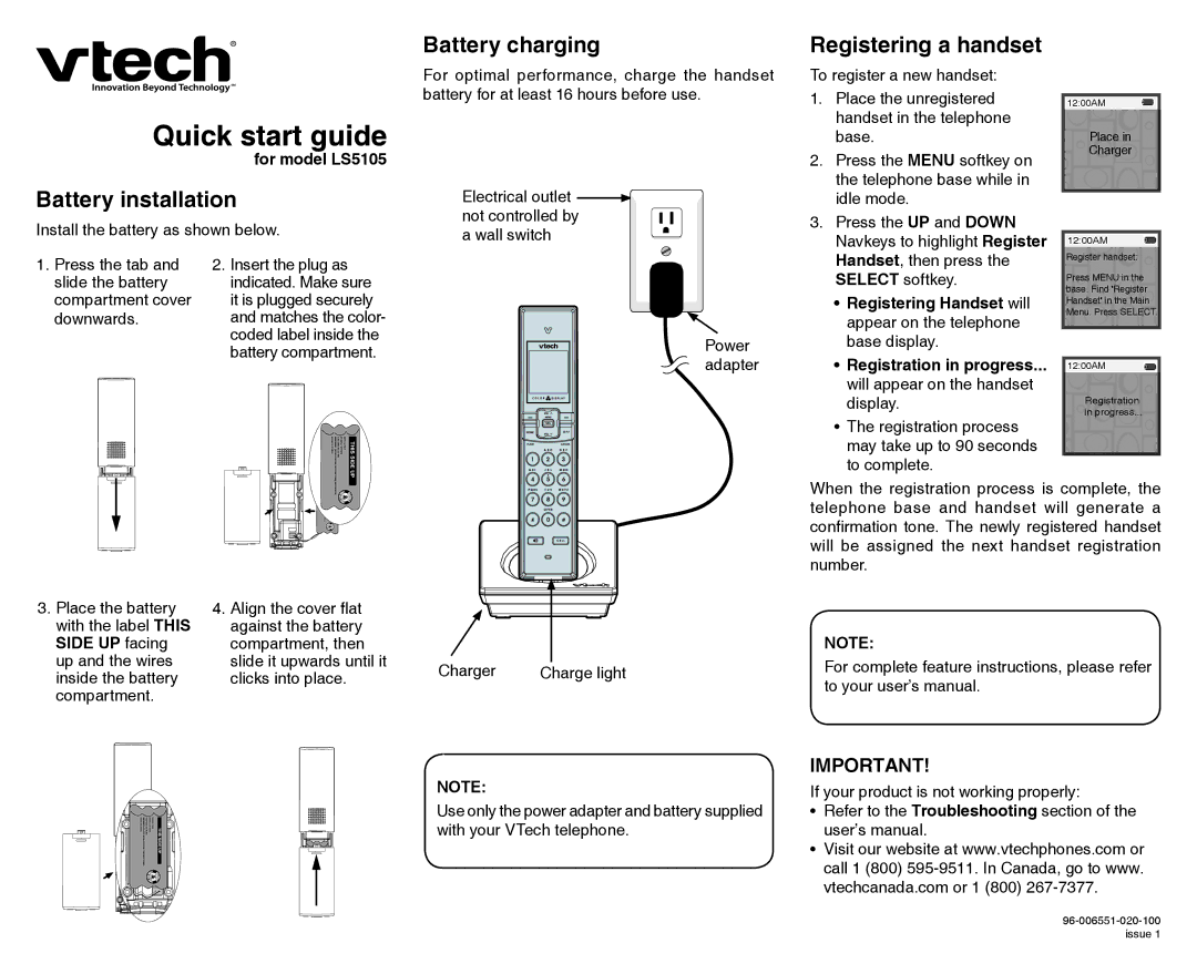 VTech LS5105 quick start Quick start guide, Battery installation, Battery charging, Registering a handset 