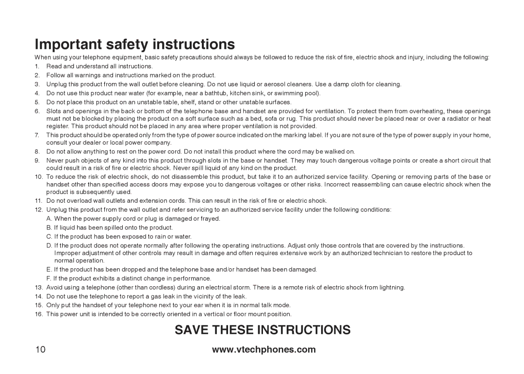 VTech LS5105 important safety instructions Important safety instructions 