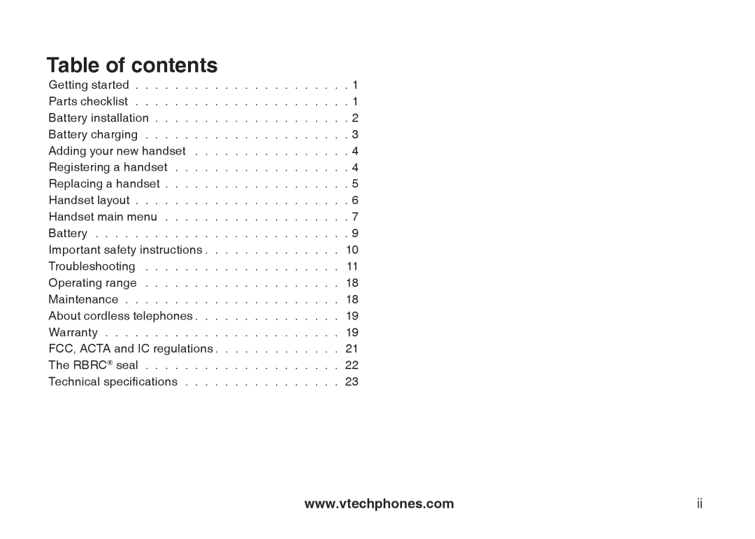 VTech LS5105 important safety instructions Table of contents 