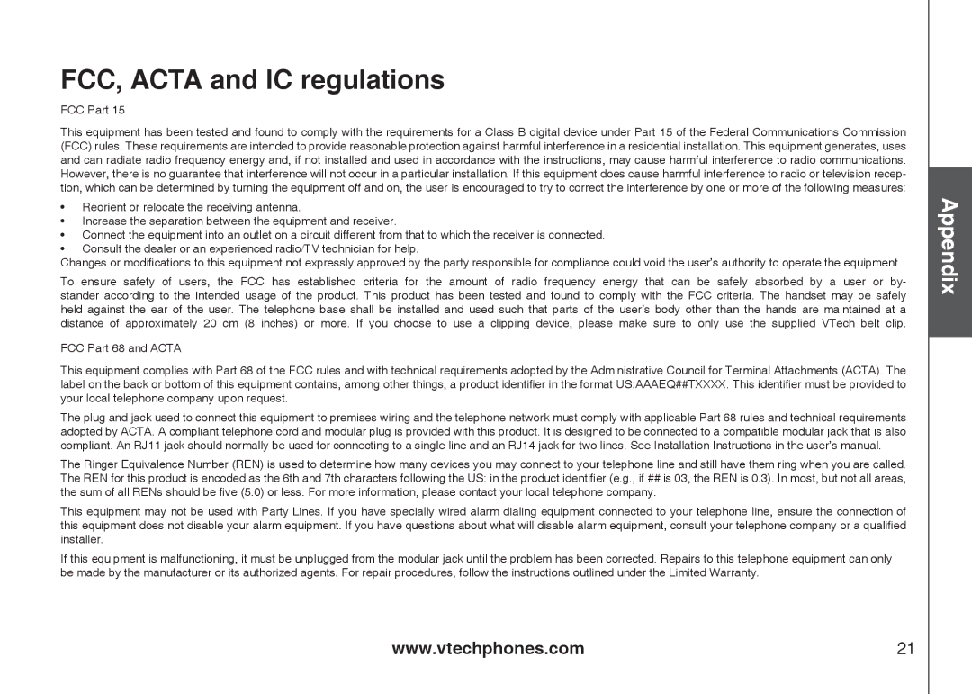 VTech LS5105 important safety instructions FCC, Acta and IC regulations 