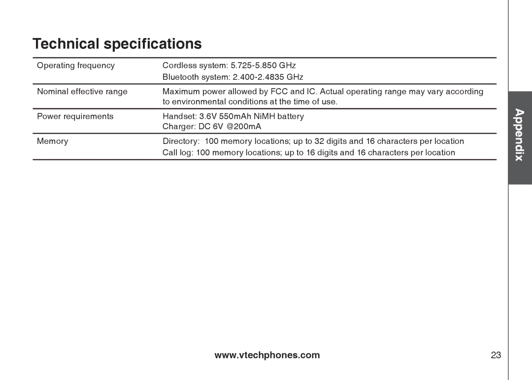 VTech LS5105 important safety instructions Technical specifications 