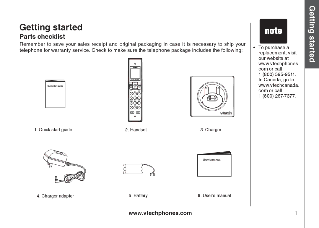 VTech LS5105 important safety instructions Getting started, Parts checklist 