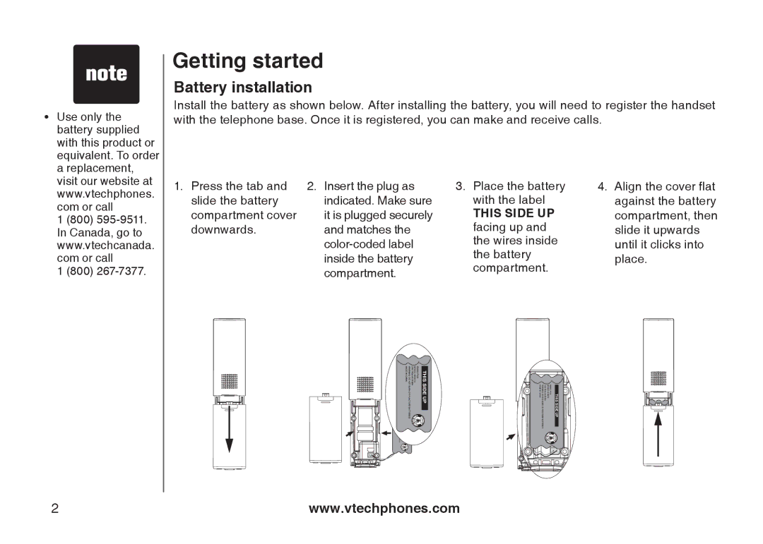 VTech LS5105 Battery installation, Press the tab Insert the plug as Slide the battery, Compartment cover 