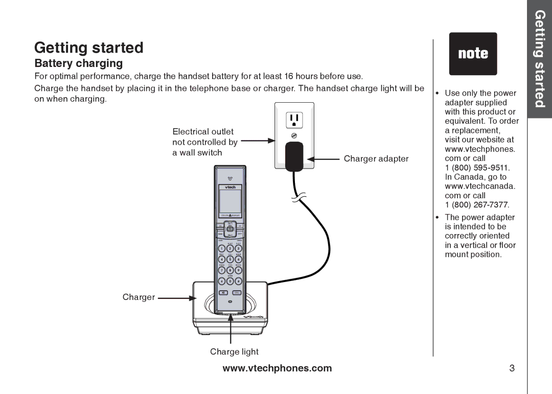 VTech LS5105 important safety instructions Battery charging, Charger Charge light 