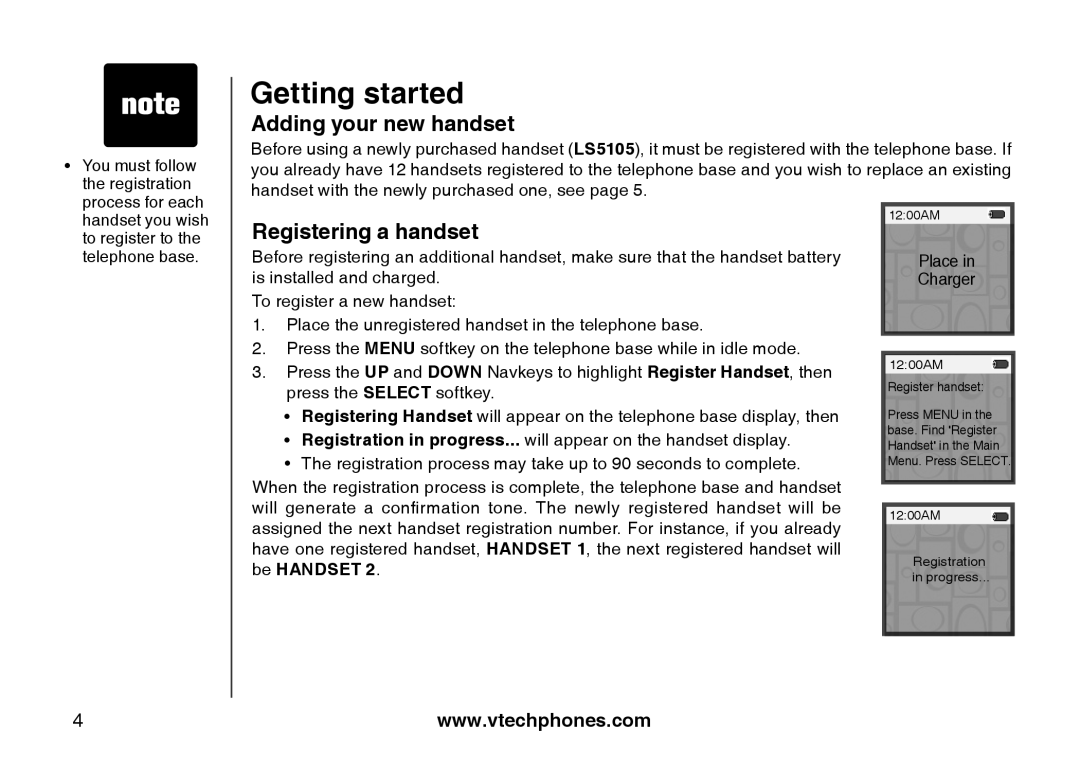 VTech LS5105 important safety instructions Adding your new handset, Registering a handset 