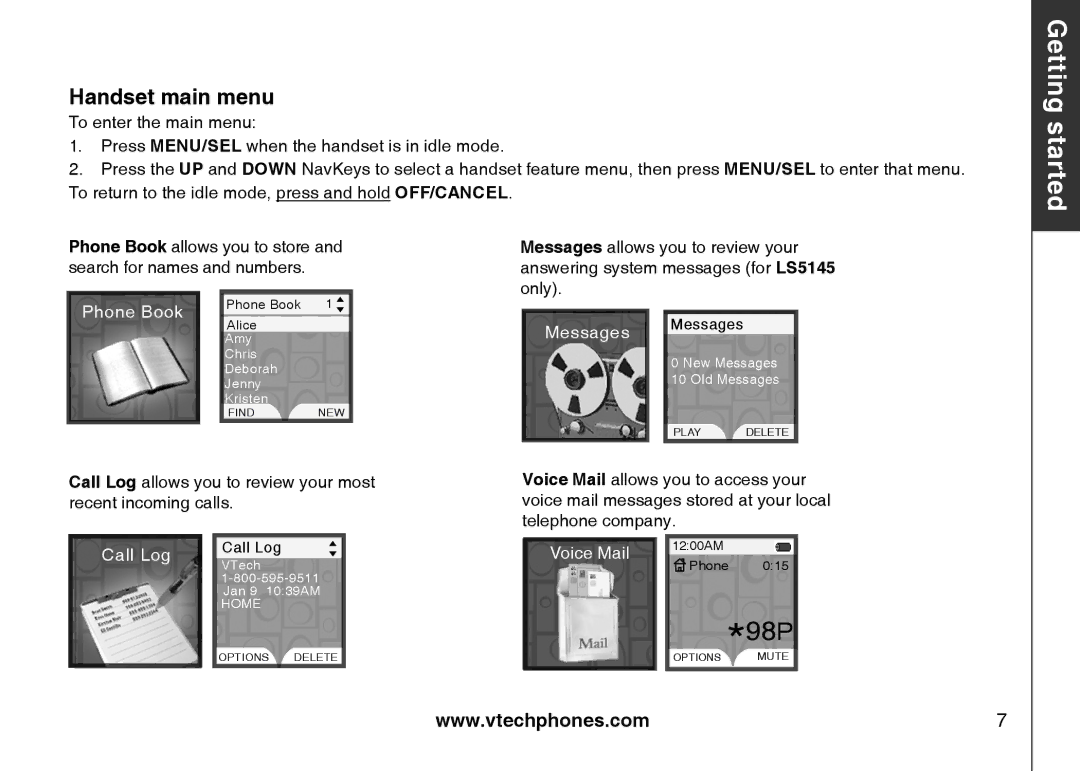 VTech LS5105 important safety instructions Getting started, Handset main menu 