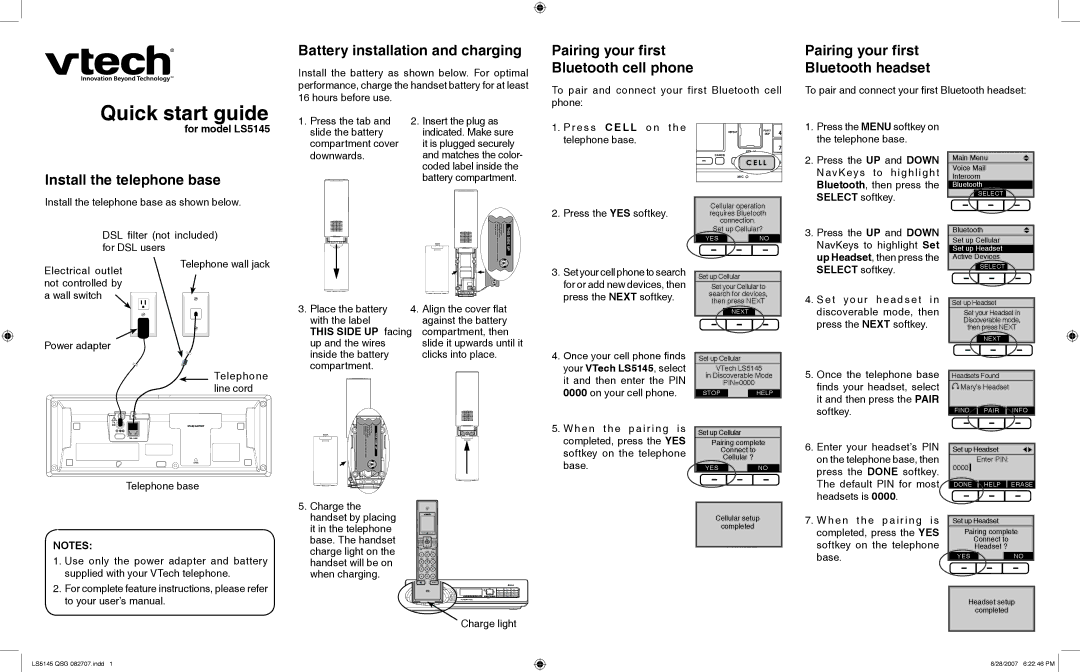 VTech LS5145 quick start Battery installation and charging, Pairing your first Bluetooth cell phone 