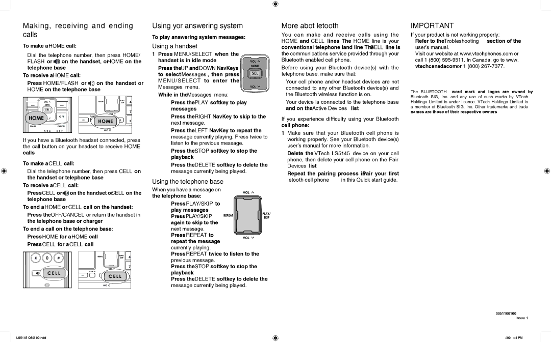 VTech LS5145 Making, receiving and ending calls, Using your answering system, More about Bluetooth, Using a handset 