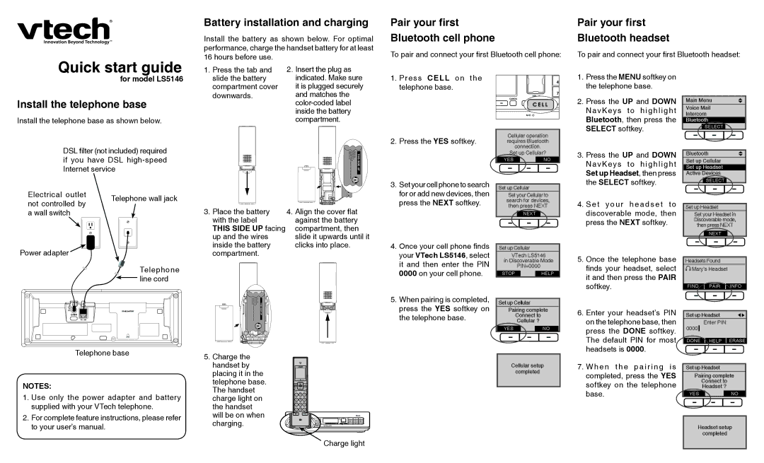 VTech LS5146 quick start Battery installation and charging, Pair your first Bluetooth cell phone Bluetooth headset 