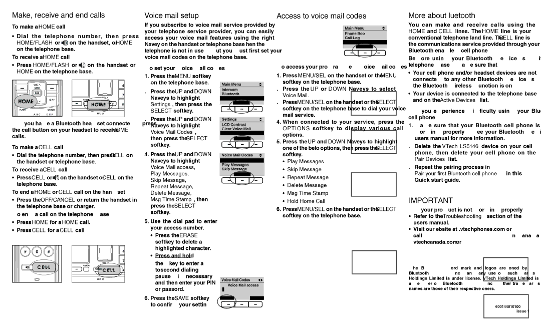 VTech LS5146 Make, receive and end calls, Voice mail setup, Access to voice mail codes, More about Bluetooth, Voice Mail 