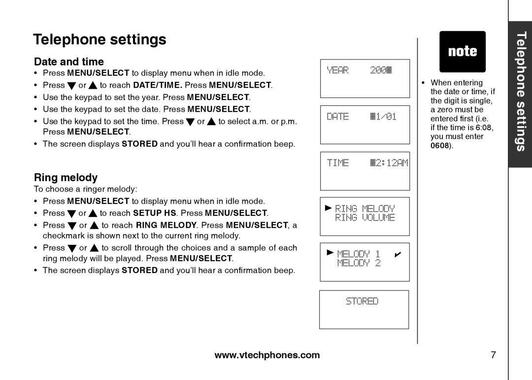 VTech LS6113-WT, LS6113-BK important safety instructions Date and time, Ring melody 