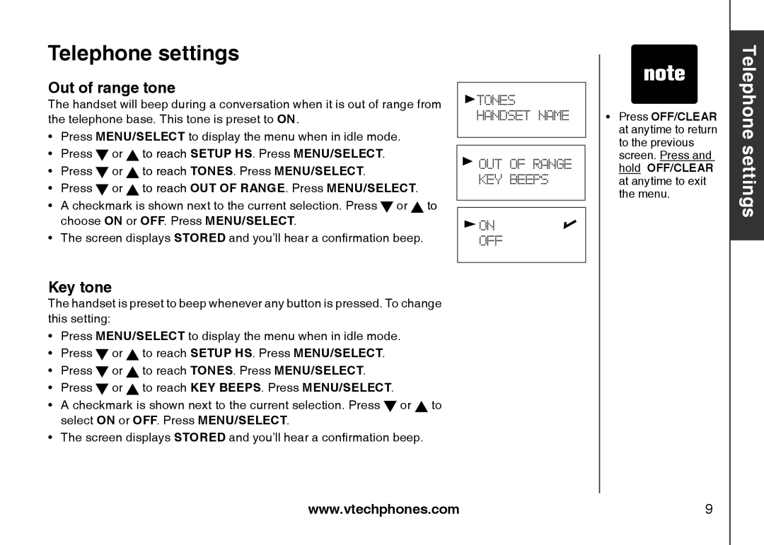 VTech LS6113-WT, LS6113-BK important safety instructions Out of range tone, Key tone 