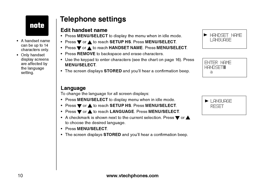 VTech LS6113-BK, LS6113-WT important safety instructions Edit handset name, Language, Press MENU/SELECT 