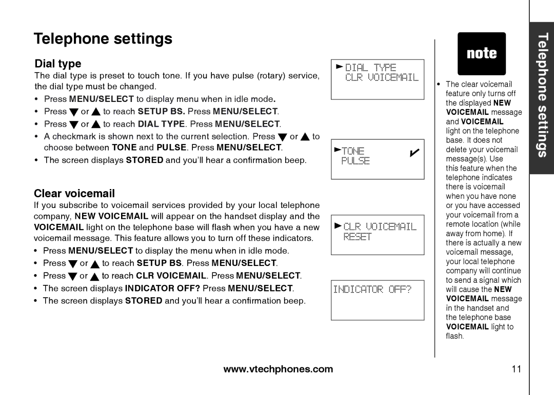 VTech LS6113-WT, LS6113-BK Dial type, Clear voicemail, Press or to reach Clr VoiceMail. Press MENU/SELECT 