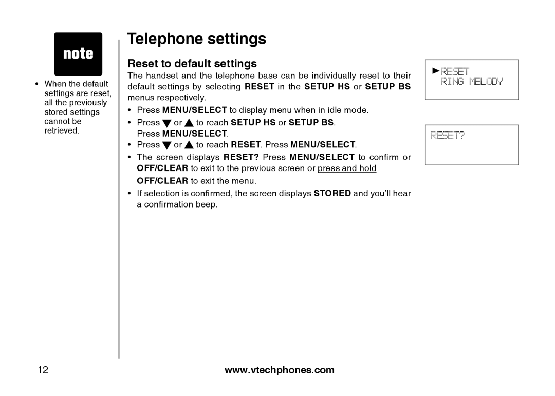 VTech LS6113-BK, LS6113-WT important safety instructions Reset to default settings 