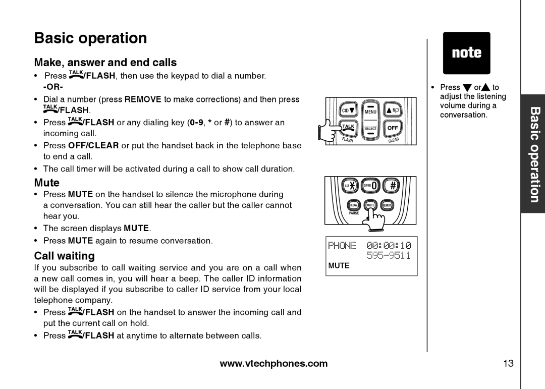 VTech LS6113-WT, LS6113-BK important safety instructions Basic operation, Make, answer and end calls, Mute, Call waiting 