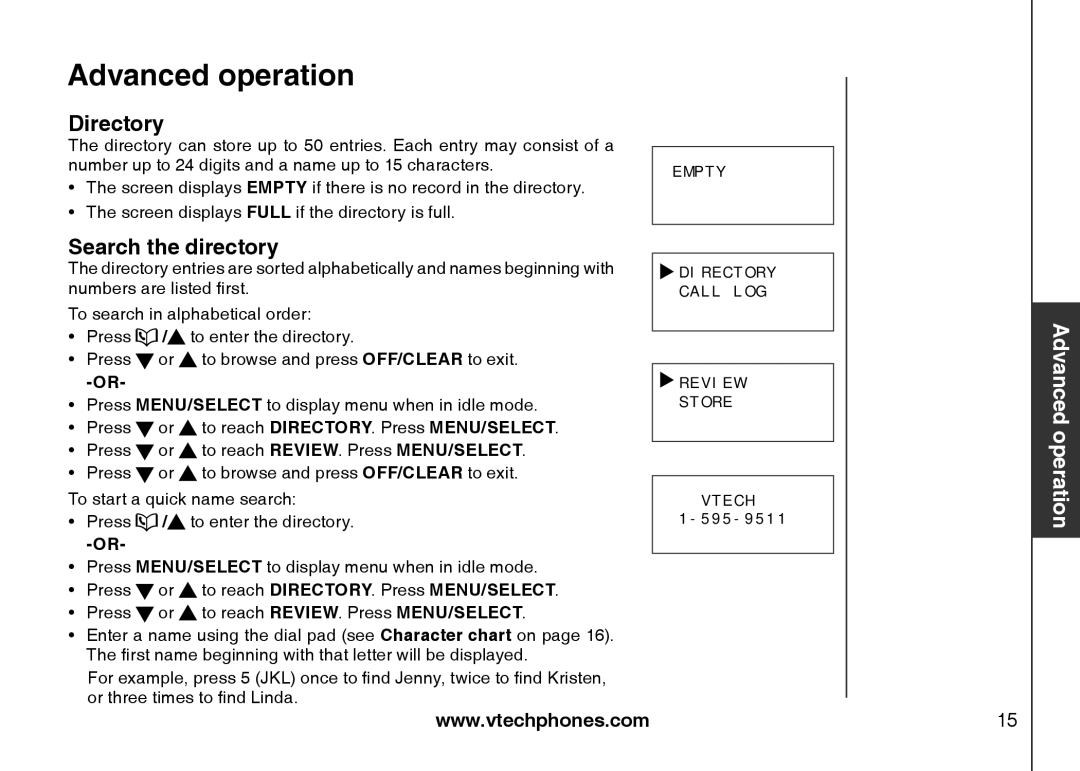 VTech LS6113-WT, LS6113-BK important safety instructions Advanced operation, Directory, Search the directory 