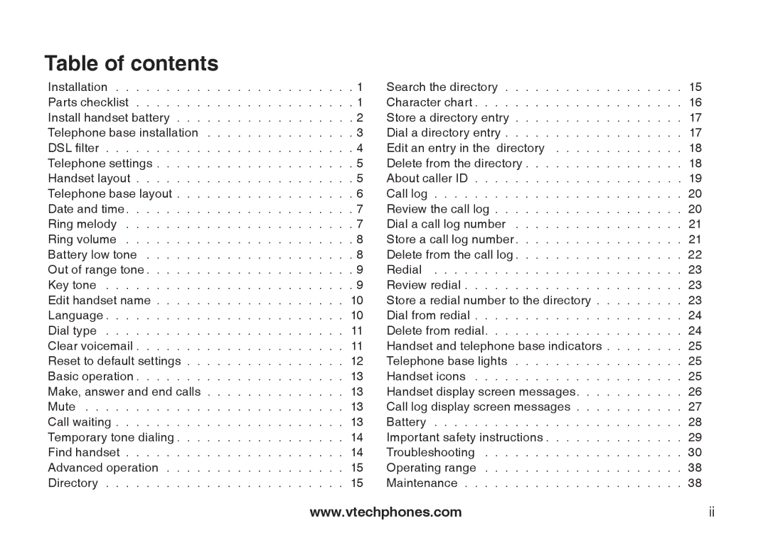 VTech LS6113-WT, LS6113-BK important safety instructions Table of contents 