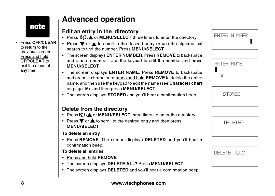 VTech LS6113-BK Edit an entry in the directory, Delete from the directory, To delete an entry, To delete all entries 