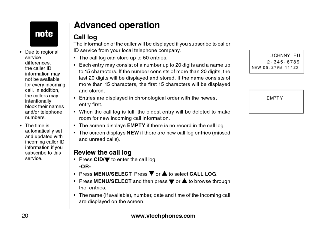 VTech LS6113-BK, LS6113-WT important safety instructions Call log, Review the call log 