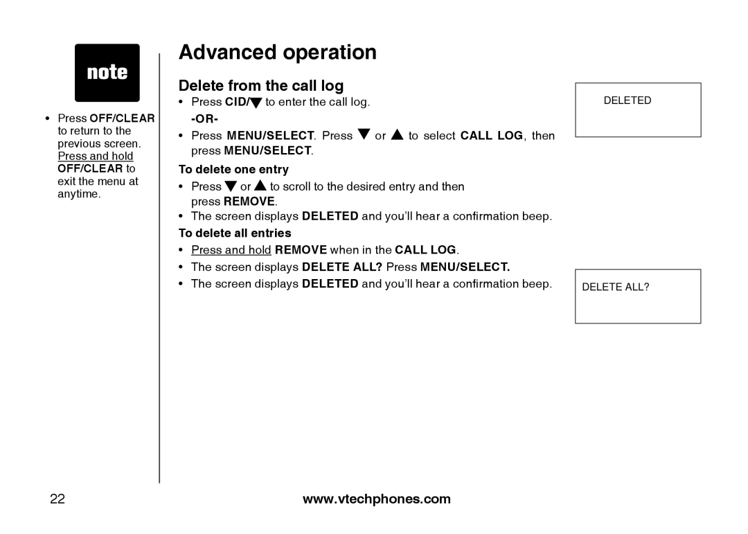 VTech LS6113-BK, LS6113-WT important safety instructions Delete from the call log, To delete one entry 