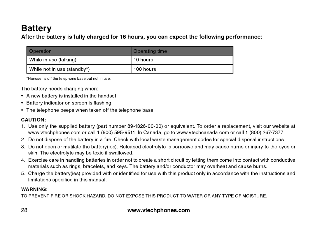 VTech LS6113-BK, LS6113-WT important safety instructions Battery 