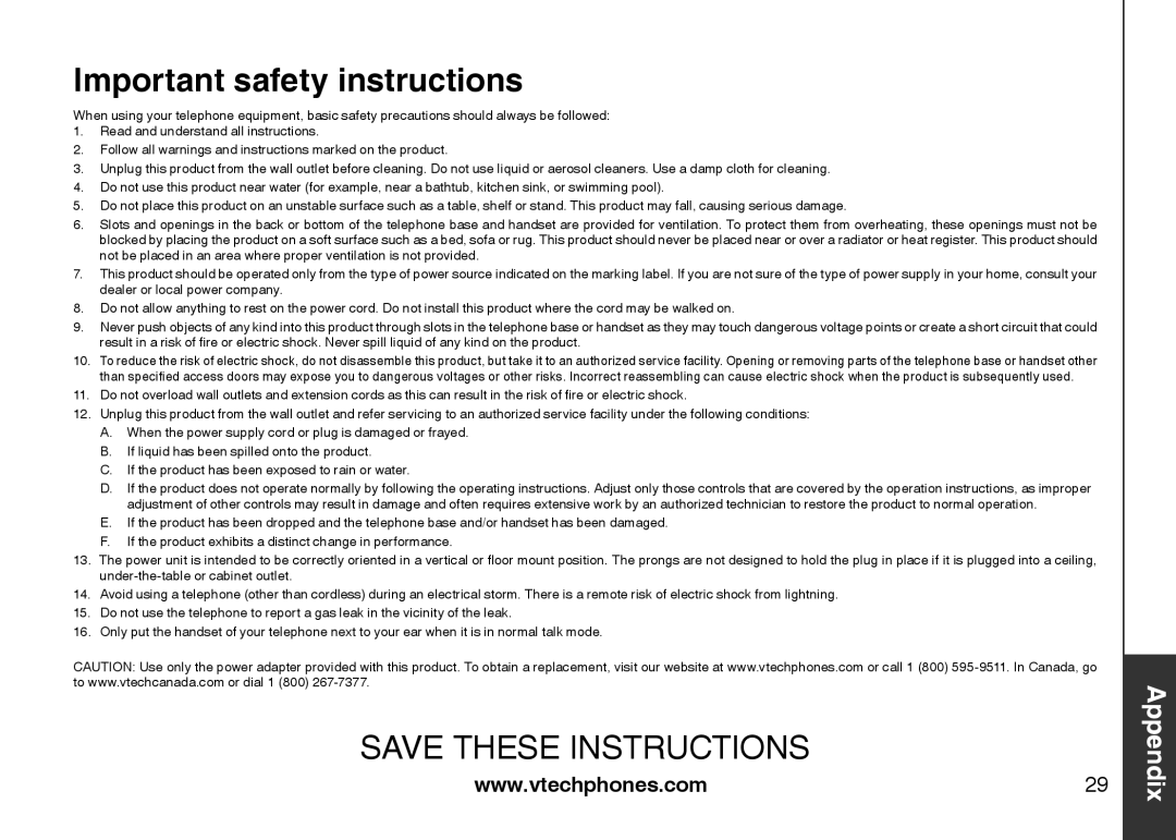 VTech LS6113-WT, LS6113-BK important safety instructions Important safety instructions 
