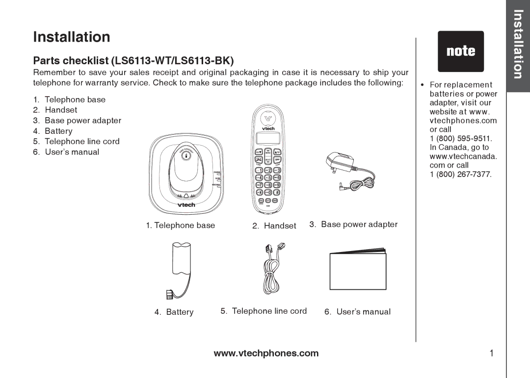 VTech important safety instructions Installation, Parts checklist LS6113-WT/LS6113-BK 