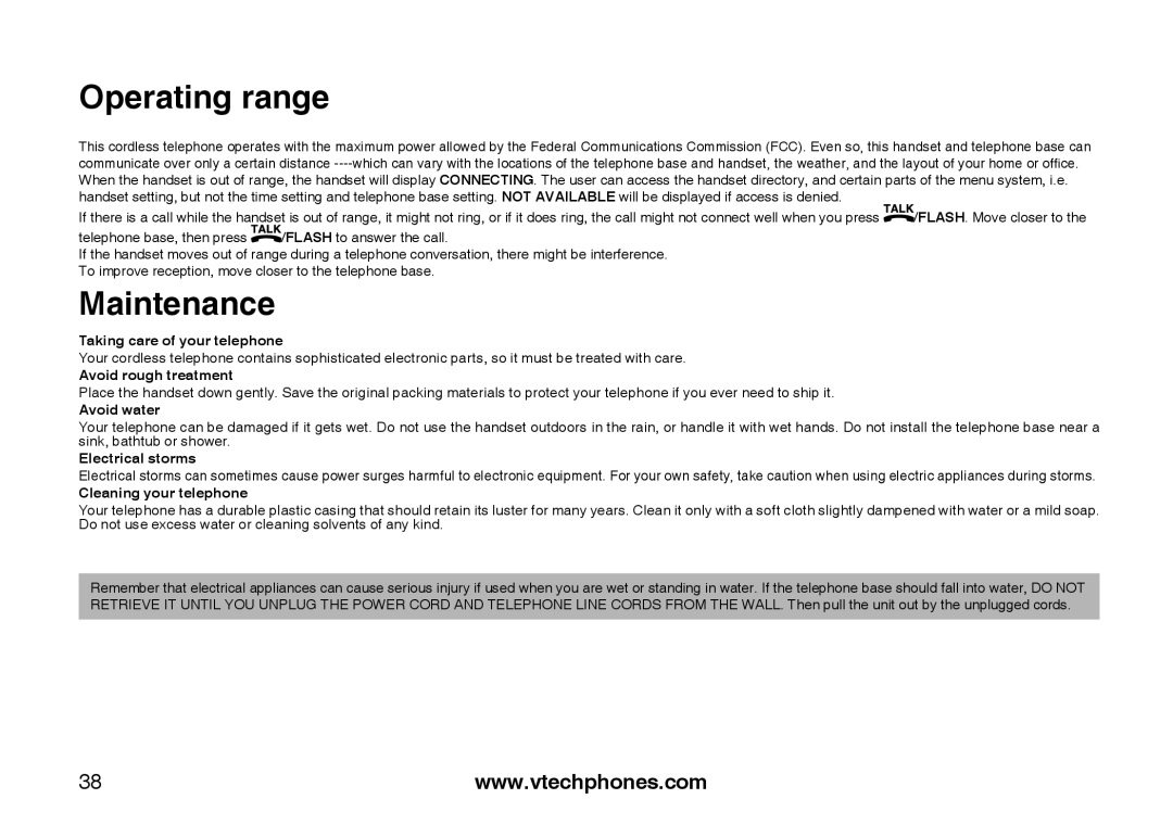 VTech LS6113-BK, LS6113-WT important safety instructions Operating range, Maintenance 