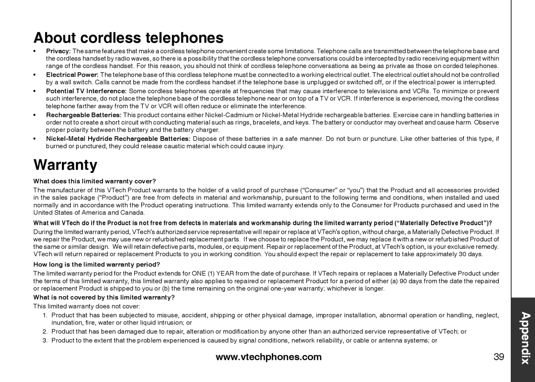 VTech LS6113-WT, LS6113-BK important safety instructions About cordless telephones, Warranty 